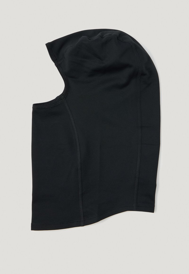 Balaclava neagră confecționată dintr-un material elastic, având un design cu fața deschisă și cusături. Textură netedă, formă care se potrivesc perfect.