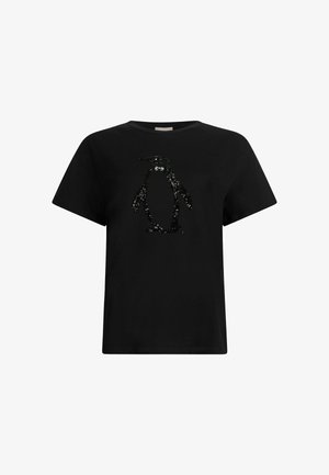 Black t-shirt featuring a penguin design made of black sequins; short sleeves, round neck, and a relaxed fit.