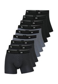 Sæt af fem boxer briefs i forskellige nuancer af sort og grå, med mønstre og en elastik med "DOVRE"-logoet.