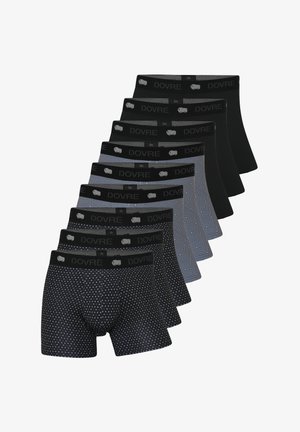 Sæt af fem boxer briefs i forskellige nuancer af sort og grå, med mønstre og en elastik med "DOVRE"-logoet.