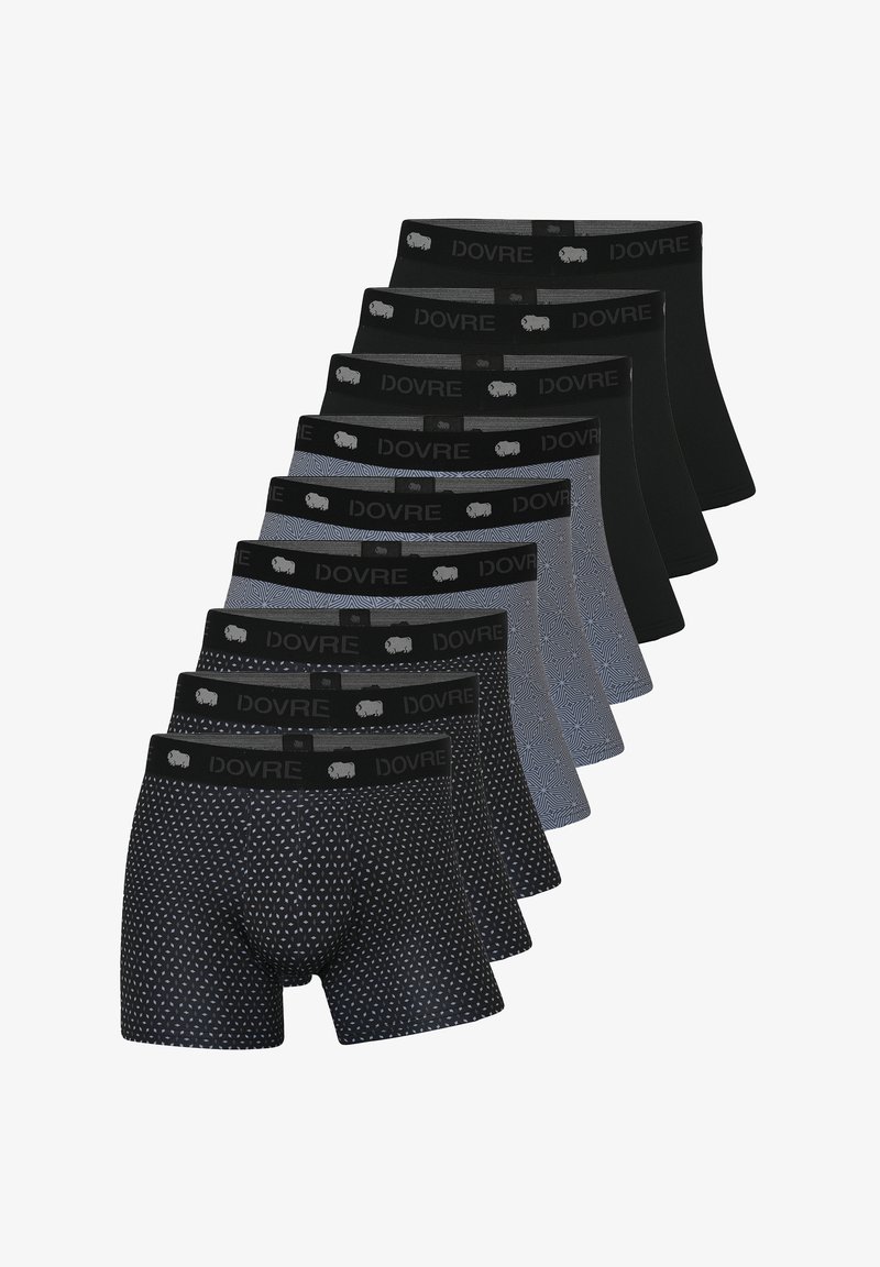 Sæt af fem boxer briefs i forskellige nuancer af sort og grå, med mønstre og en elastik med "DOVRE"-logoet.