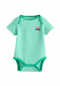 Zöld-fehér csíkos, rövid ujjú body patentos záródással, apró hímzett vörös traktorral díszítve. Puha pamut anyagból.