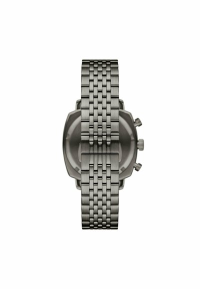 Runder, metallischer Zeitmesser mit einem strukturierten grauen Armband, das ein gewobenes Design aufweist und einen soliden Rücken hat. Chronographen-Details und seitliche Tasten sind sichtbar.