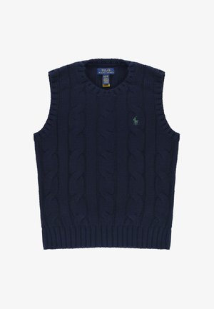 Gilet senza maniche in maglia a trecce blu navy con bordi a coste e logo Polo Ralph Lauren ricamato in verde sul petto.