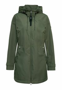 Olijfgroene waterdichte jas met een capuchon, ritssluiting, koord, knoopzakken en verstelbare manchetten. Gladde textuur, middellange stijl.