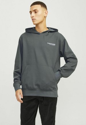 Grijze katoenen hoodie met een voorzak en elastische manchetten. Beschikt over een klein wit logo op de borst. Soepele textuur, casual ontwerp.