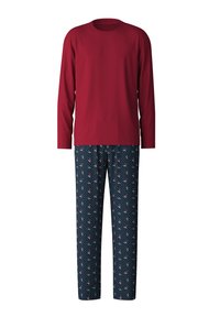 Maglietta rossa a maniche lunghe con scollo rotondo, abbinata a pantaloni navy con motivo e dettagli rosa e un design geometrico.