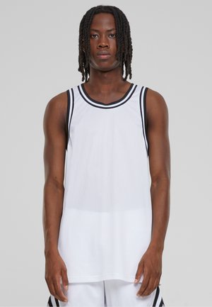 White mesh basketball tank top with black trim and stripes at the neckline. Sleeveless design, lightweight fabric, and a relaxed fit.