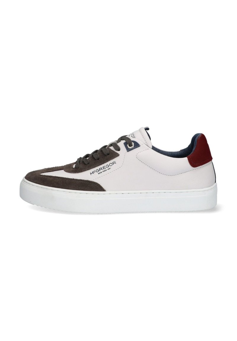 Sneaker bianco e grigio con accenti in suede, punta arrotondata e suola piatta bianca. Presenta una linguetta sul tallone in contrasto di colore e il marchio sul lato.
