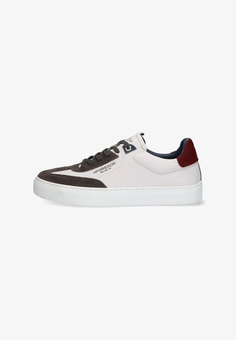 White and grey sneaker with suede accents, rounded toe, and flat white sole. Features contrasting color heel tab and branding on side.