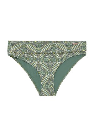 Žalias maudymosi kostiumėlio apatinis trikotažas su raštuotais lapų motyvais geltonoje ir baltos spalvos. Lygus paviršius ir platus diržas. Pagamintas iš elastingo audinio.