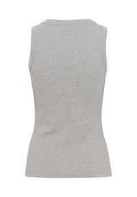 Hall pikk-ribaline tank top klassikalise lõikega, ümmarguse kaelusega ja ilma varrukateta. Tekstureeritud kangas ja keha lähedane lõige.