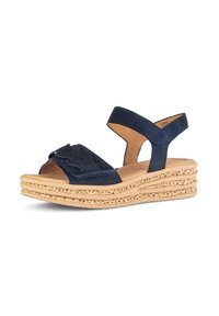 Marine suede wedge sandalen met een gestructureerd kurken platform, een gerimpeld voorzijde detail en een enkele enkelband. Gesloten neus ontwerp.
