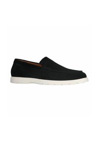 Black suede slip-on shoe with a rounded toe, white rubber sole, and subtle stitching details on the vamp. Smooth texture throughout.