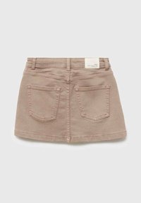 Otroške jeans krilo v svetlo bež barvi. Ima oprijet pas z obročki za pas, dve zadišnji žepki in subtilno teksturirano površino. Oznaka na pasu.