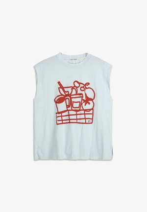 Sleeveless light blue top with red line drawing of a basket holding various food items, including a cup, fruit, and a carton.