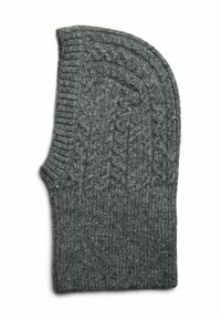 Guanto grigio lavorato a maglia con un motivo a treccia e polsino a costine. Realizzato in filato morbido, presenta una forma arrotondata e cuciture testurizzate.