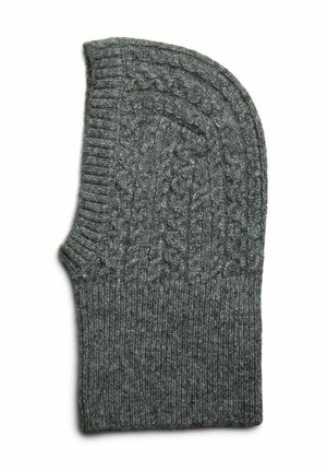 Gant en tricot gris avec un motif en cablure et une bordure côtelée. Fabriqué en laine douce, il présente une forme arrondie et des points texturés.