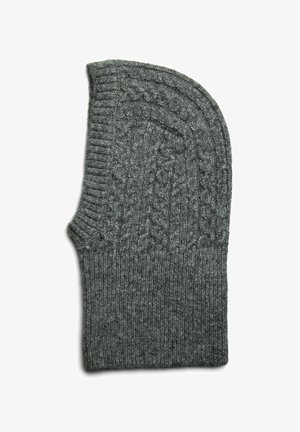 Grå strikket handske med kabelmønster og ribbet manchet. Lavet af blødt garn, har den en rund form og struktureret syning.