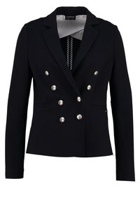 Blazer nero doppiopetto con bottoni argentati, revers a lancia e maniche lunghe. Presenta una fodera interna strutturata con motivo a righe.