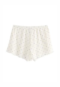 Vita bomullsshorts med ribbat mönster, prydda med små blå blommor och en scalloped fåll. Elastisk midja för komfort.