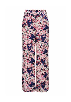 Pantalon à jambes larges et taille haute, avec un motif floral rose et des volutes bleu marine sur fond blanc.