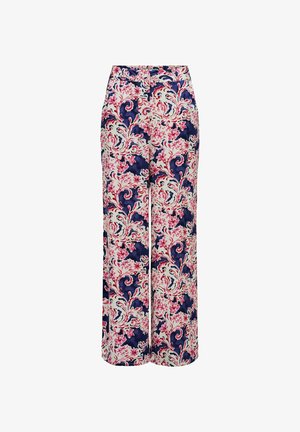 Pantalones de pierna ancha con cintura alta, con un estampado de flores rosas y remolinos azul marino sobre fondo blanco.