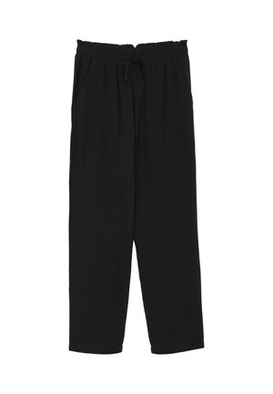 Schwarze locker sitzende Hose mit elastischem Bund und Kordelzug, mit Seitentaschen und geradem Bein.