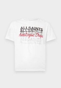 Λευκό βαμβακερό T-shirt με το κείμενο «ALLSAINTS» σε διάφορες αποχρώσεις του γκρι και «Analogue Days» σε κόκκινο στο μπροστινό μέρος. Με κοντά μανίκια.