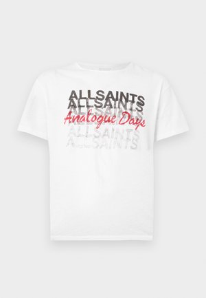 Λευκό βαμβακερό T-shirt με το κείμενο «ALLSAINTS» σε διάφορες αποχρώσεις του γκρι και «Analogue Days» σε κόκκινο στο μπροστινό μέρος. Με κοντά μανίκια.