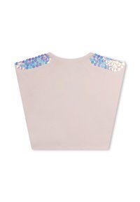 Light pink shirt with a relaxed fit, featuring shiny blue and iridescent sequin accents on both shoulders. Smooth fabric, round neckline.
