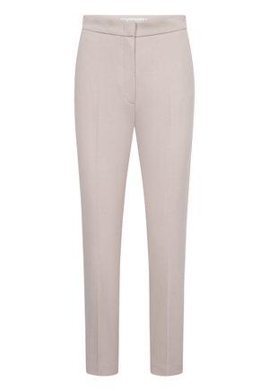 Beige tailored slim-fit trousers with front crease and concealed fastening, designed for formal or business wear.