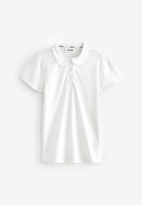 Weißes Polohemd mit kurzen Puffärmeln, klassischem Kragen und einer Knopfleiste mit drei Knöpfen. Hergestellt aus glattem Stoff, bietet eine sanfte Textur.