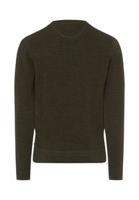 Maglione a maglia verde scuro, collo rotondo, maniche lunghe, texture a coste, design aderente e orlo dritto in vita senza alcun decoro.