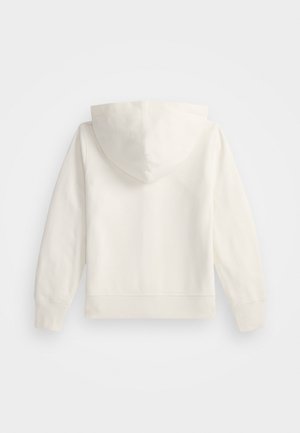 Sweat-shirt à capuche blanc avec une texture douce, des poignets rayés et un ourlet droit. Le dos présente une surface lisse, sans embellissements.