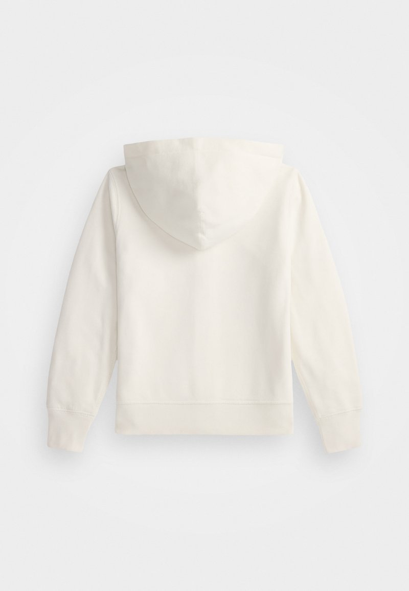 Sudadera blanca con capucha, de textura suave, con puños acanalados y un dobladillo recto. La parte trasera presenta una superficie lisa y sin adornos.