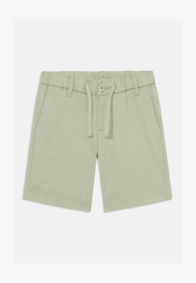 Shorts en coton vert clair avec une taille élastique, fermeture à cordon, deux poches latérales et un bouton à l'avant.