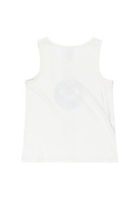 Top bianco senza maniche in cotone con scollo rotondo, caratterizzato da un leggero motivo circolare sul retro e orlo standard.