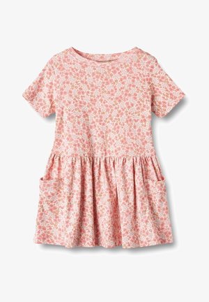 Sukienka dla dziecka z krótkim rękawem, w różowo-białe kwiaty, z marszczonym pasem i dwoma przednimi kieszeniami.