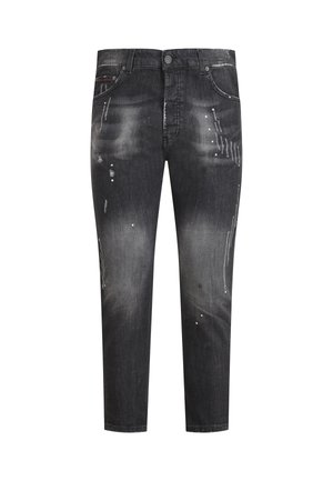 Zwarte spijkerbroek met een versleten afwerking, met lichte vervaging, verfspatten en een klassiek ontwerp met vijf zakken.