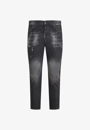 Jeans in denim nero con finitura consumata, caratterizzati da lievi sbiaditure, schizzi di vernice e un design classico a cinque tasche.