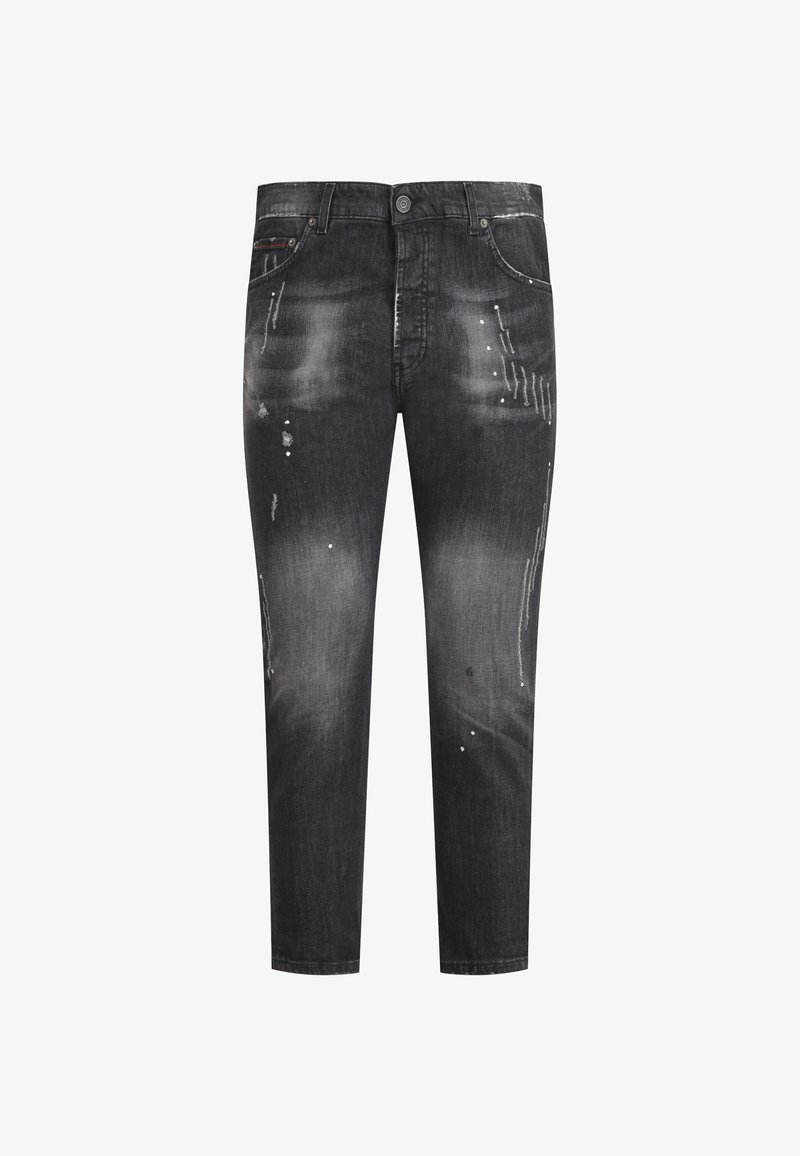 Jeans de mezclilla negra con acabado desgastado, con decoloración ligera, salpicaduras de pintura y un diseño clásico de cinco bolsillos.