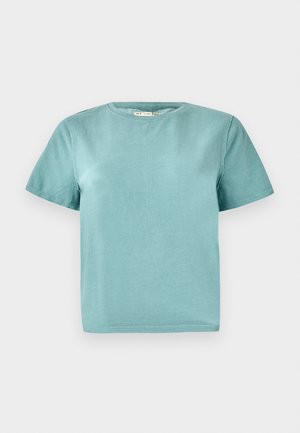 Short-sleeve, crew neck t-shirt in light teal cotton fabric. Features a simple, unembellished design with stitched hems.