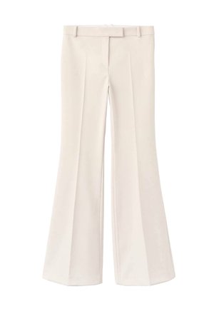 Pantalons tailleur crème taille haute avec passants de ceinture, plis devant et jambes évasées larges.