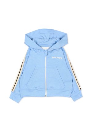 Felpa con cappuccio azzurro chiaro con cerniera, tasche frontali, strisce beige e nere sulle maniche e logo "Palm Angels" sul petto.