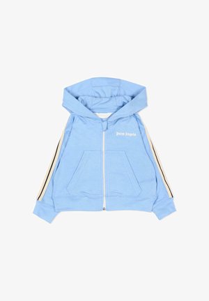 Lichtblauwe hoodie met ritssluiting, voorzakken, beige en zwarte strepen op de mouwen en het "Palm Angels" logo op de borst.