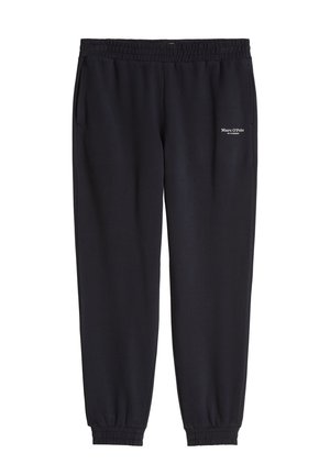 Black jogger pants with elastic waistband and cuffs, side pockets, and small white "Marc O’Polo" logo on the upper left thigh.