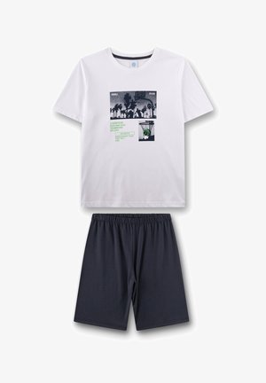 White short-sleeve T-shirt with basketball-themed graphic and green text, paired with dark navy elastic waist shorts.