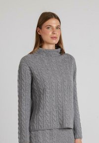 Maglione grigio lavorato a maglia con maniche lunghe, collo alto e motivo a trecce. Presenta decorazioni sottili e una vestibilità comoda.