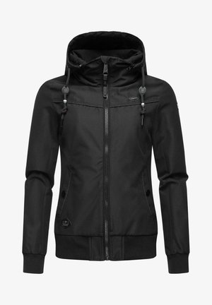 Černá zipová mikina s kapucí, se šňůrkami, žebrovanými manžetami a dolním lemem, předními kapsami a decentními logy značky na hrudi a na dolní straně.